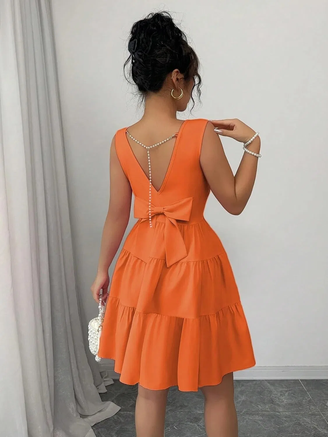 Женское мини-платье А-силуэта с рюшами, без рукавов, Orange — фото 2