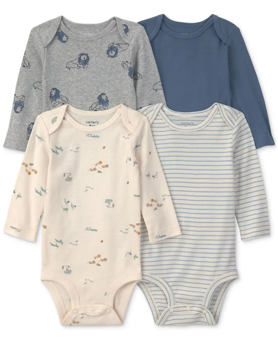 Комплект боди с длинным рукавом с принтом льва, 4 шт Carter's, Blue/Gray/Ivory