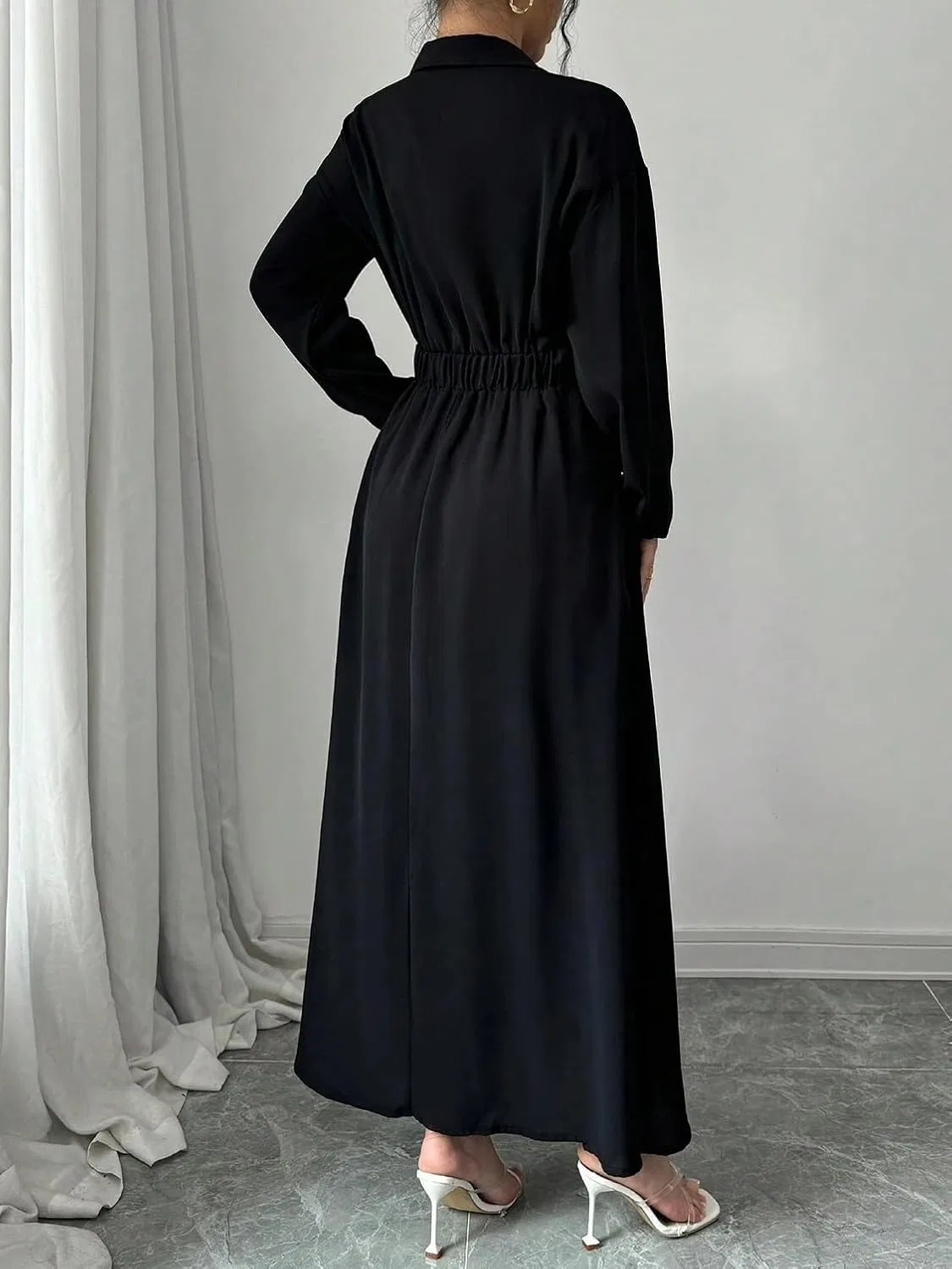 Женское платье-рубашка свободного кроя с длинным рукавом, Black — фото 3