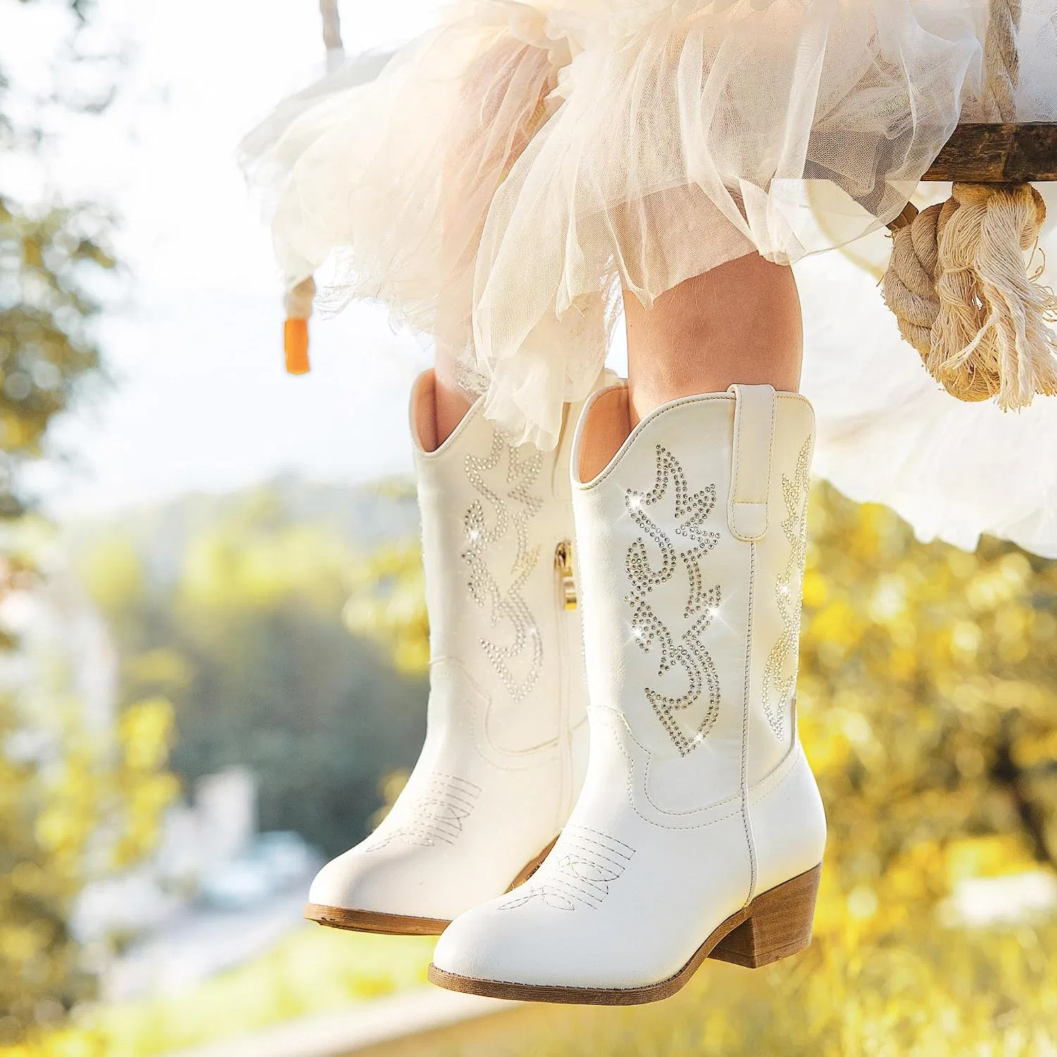 Детские сапоги для девочек с принтом Cowboy Boots for Girls Rhinestone Cowgirl Boots Little Big Kid LAURMOSA, White Rhinestone — фото 2