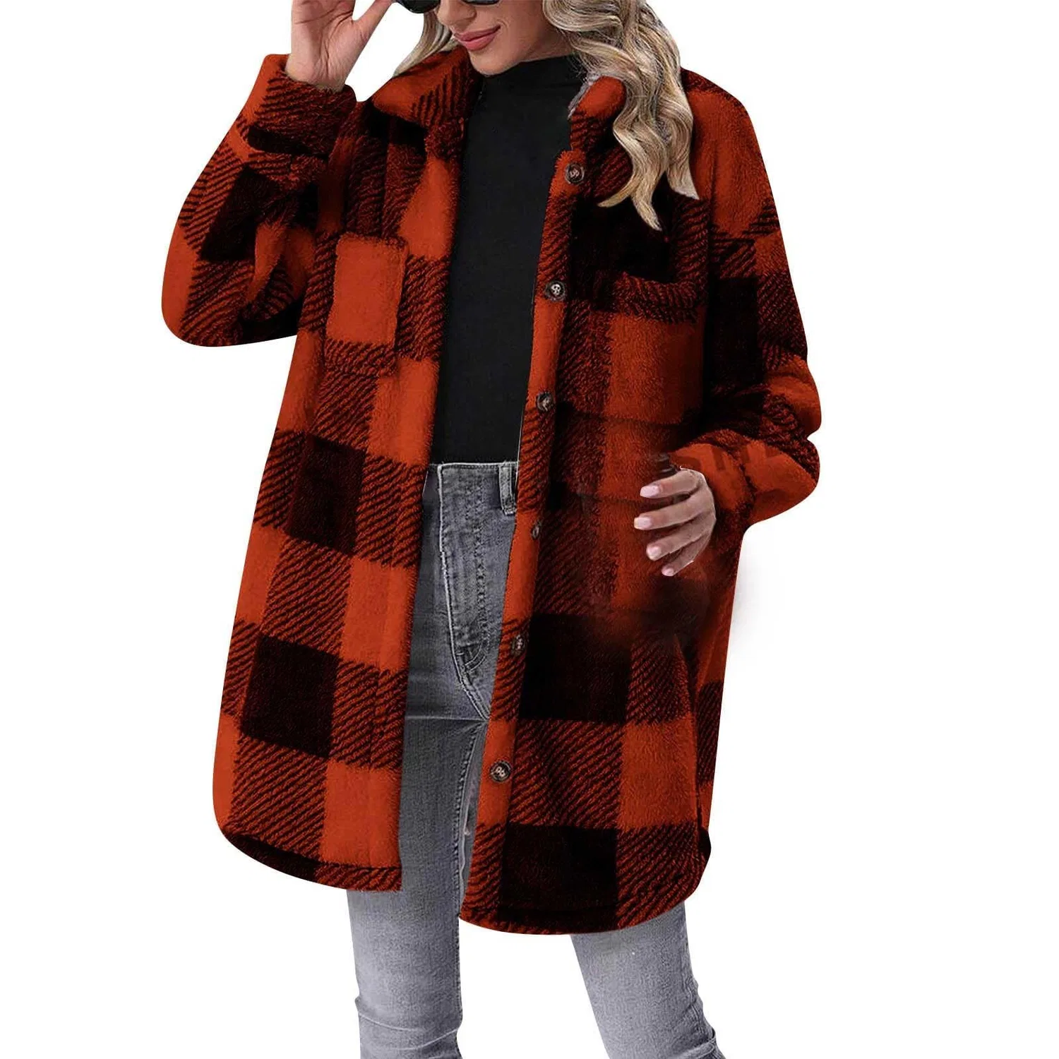 Женское пальто с длинным ворсом Plaid, Z-red