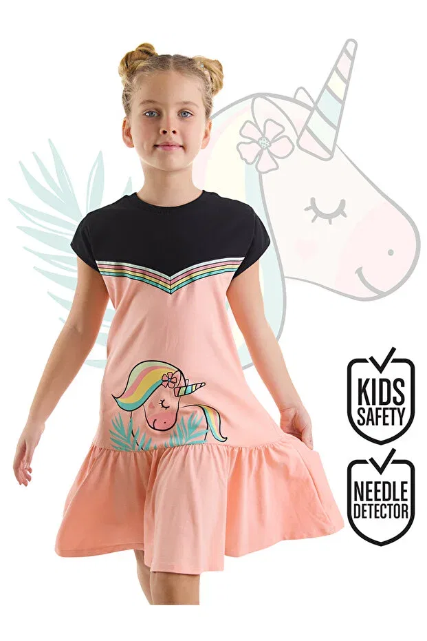 Детское хлопковое платье для девочек Floral Unicorn Denokids, Pink