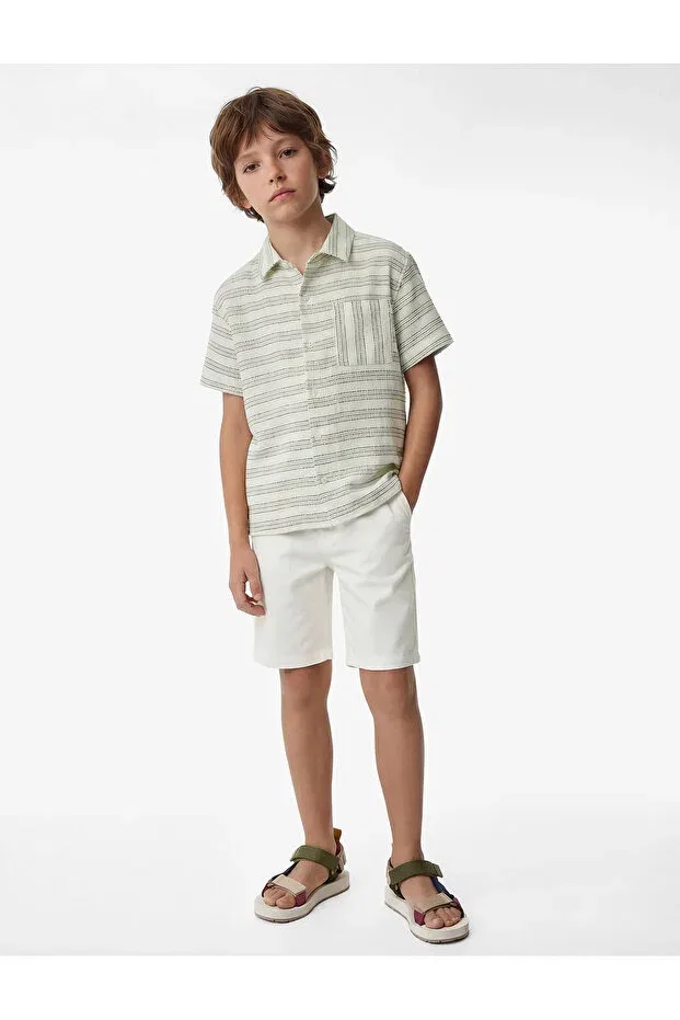 Детская рубашка для мальчиков хлопковая Cotton Pocket Short Sleeve Turn-Down Collar Striped Shirt Koton, Ecru Striped — фото 3