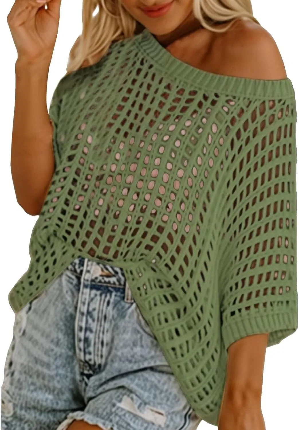 Женский свитер с широким вырезом и коротким рукавом, ажурный, модели Beach Coverup, 1a-Blackish Green