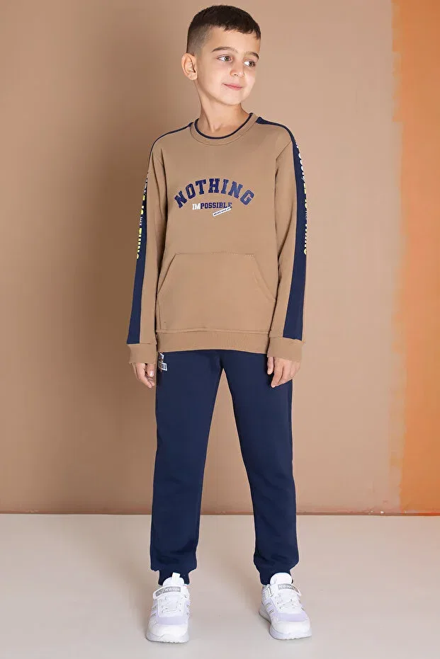 Детский спортивный костюм для мальчиков с принтом Brown Stripe Text Printed Raised Cansın Mini, Brown