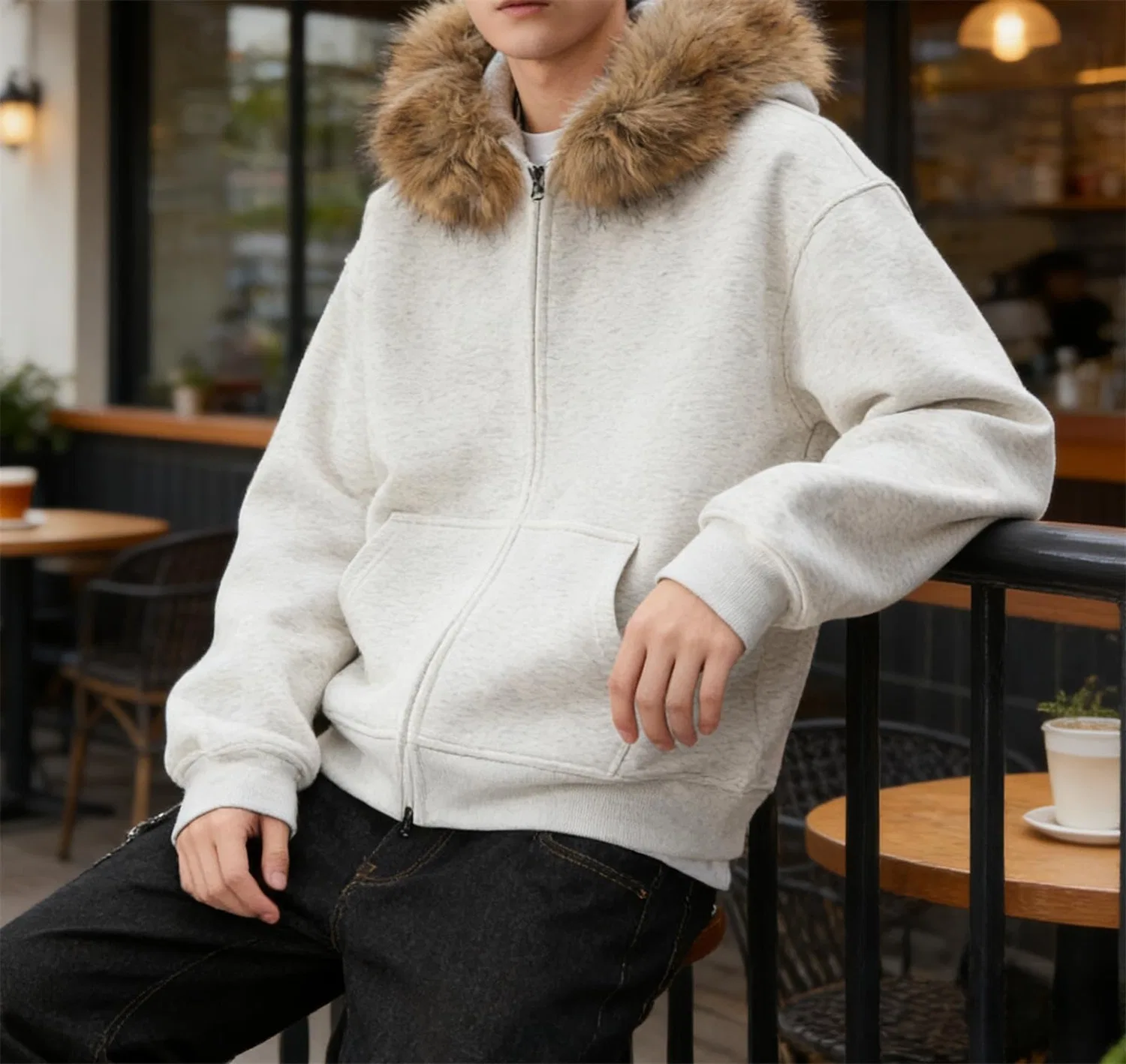 Мужской худи с капюшоном и меховым воротником Y2k Style, White — фото 3