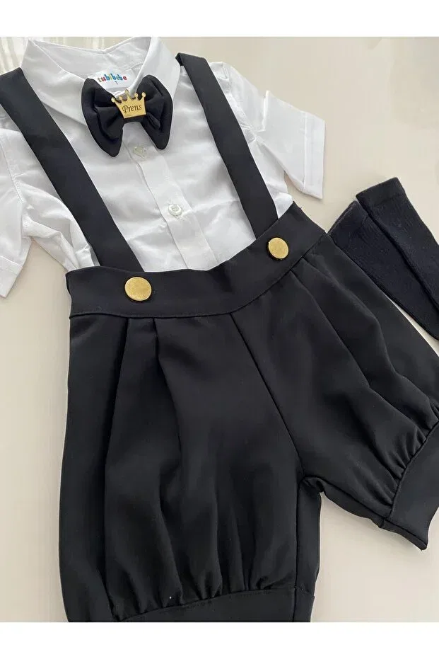 Детский комбинезон с принтом Black & gold pleated shorts salopet set Tubibebe, Black - White — фото 4