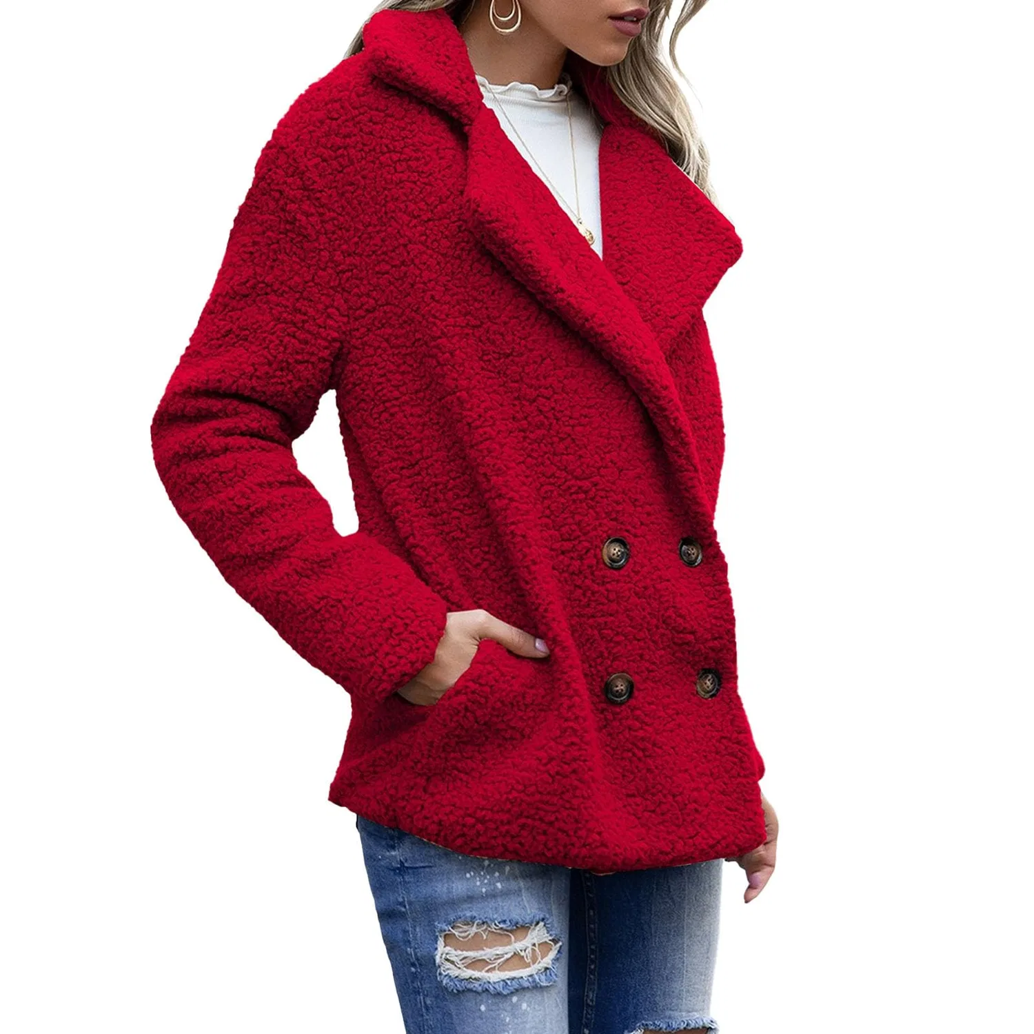 Женское длинное пальто из искусственного меха с принтом, модель Oversized Warm Jacket, Red — фото 4