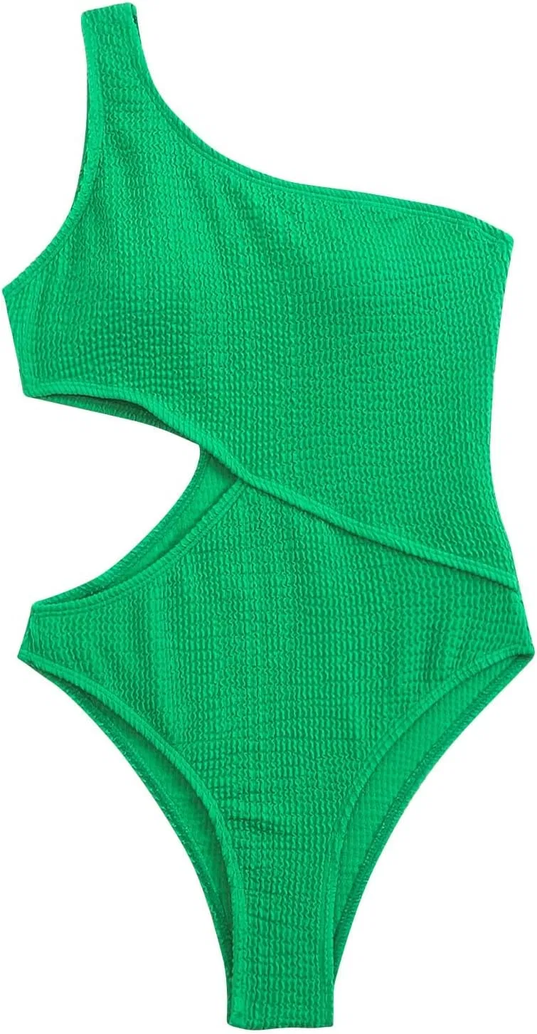 Женский цельнокроеный купальник с одним плечом и утяжкой живота Generic, Army Green — фото 4
