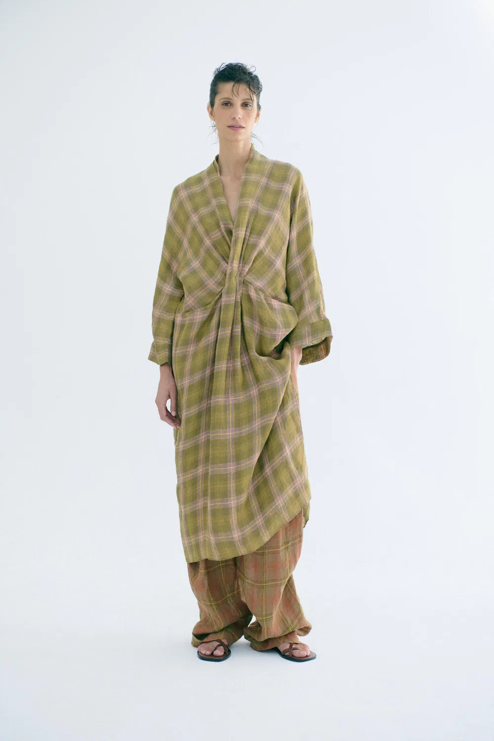 Платье из клетчатого льна из коллекции ZW ZARA, Green