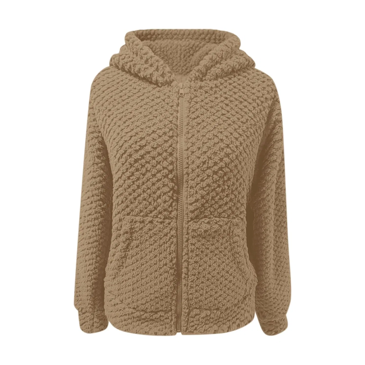 Женская куртка из флиса с капюшоном и карманами, Beige — фото 4