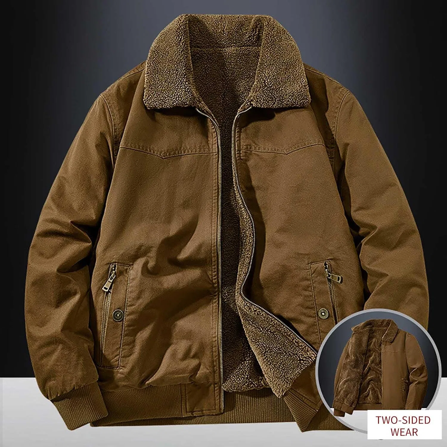 Мужская куртка-бомбер на флисе, двусторонняя, с капюшоном, коричневый — фото 4