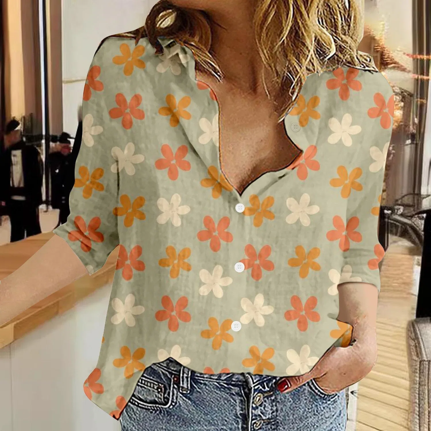 Женская блуза с V-образным вырезом, с принтом в горошек, Classic Polka Dot Collar, Floral-01 — фото 2