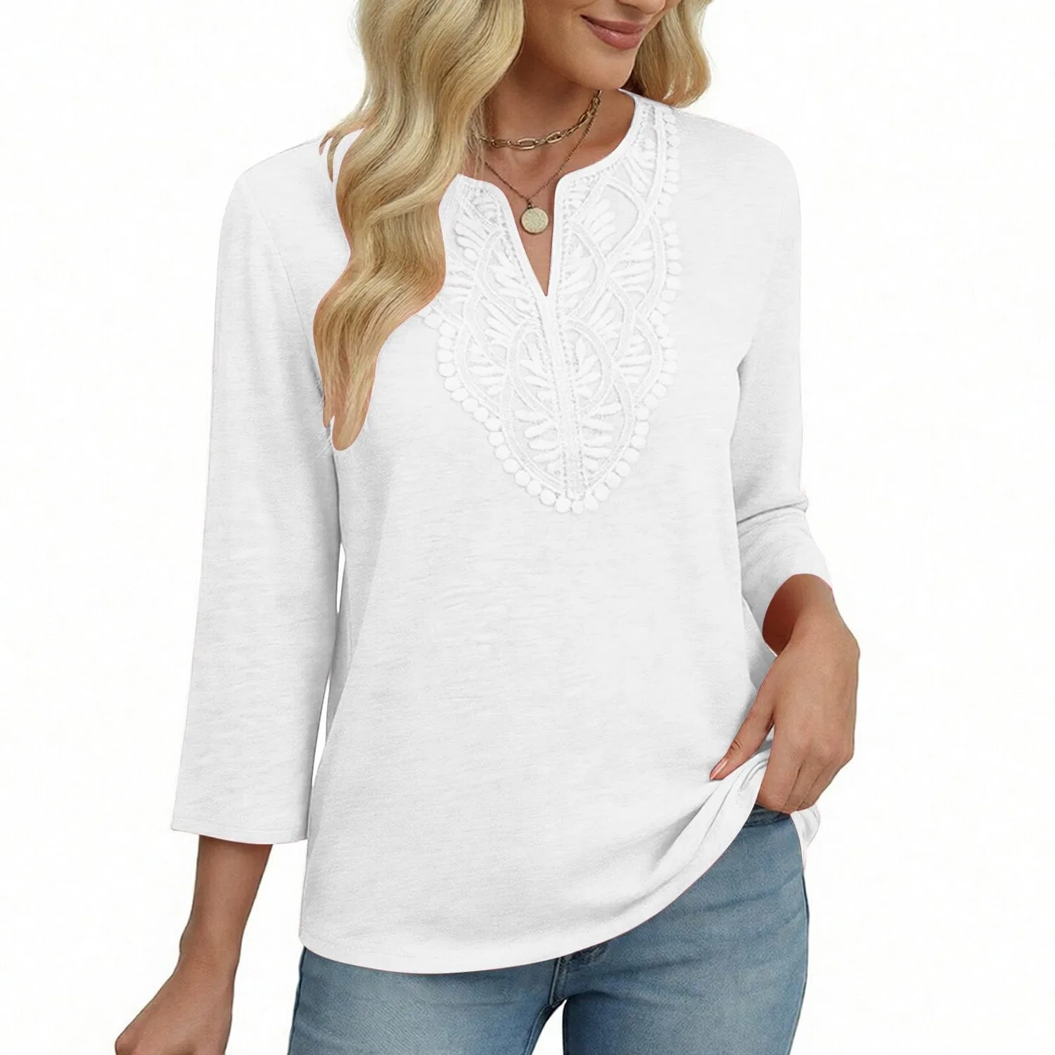 Женская льняная туника с вышивкой Retro 3/4 Sleeve Boho Casual Loose Fit Lightweight Summer Beach Blouse, C-white — фото 2