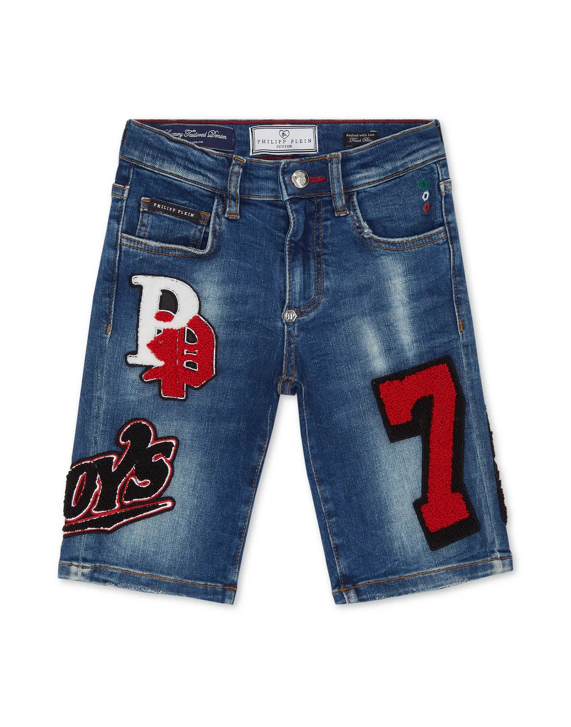 Детские шорты-бермуды джинсовые с нашивками Fermentera Bulldogs PHILIPP PLEIN, Flashblue