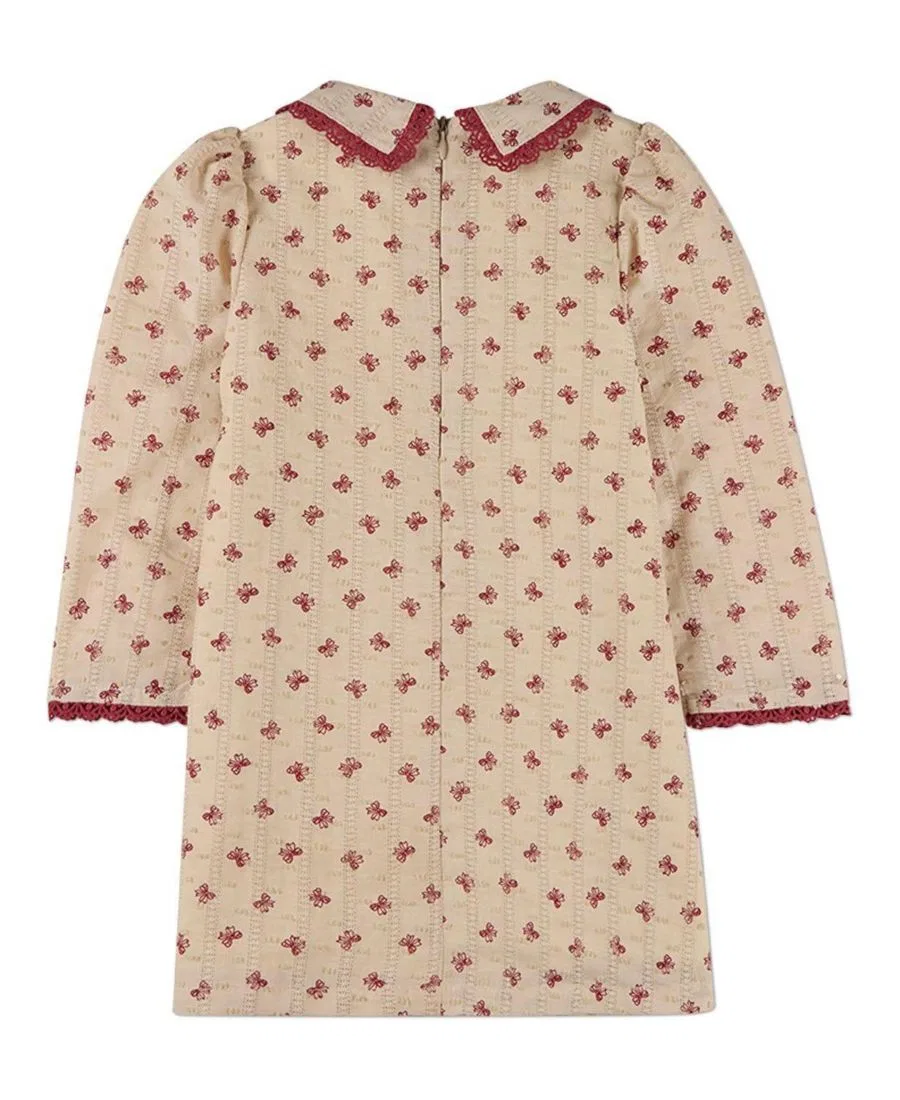 Платье с вышитым бантом из 100% хлопка с кружевной отделкой, Little Girls Embroidered-Bow 100% Cotton Pointelle Lace-Trim Mini-Print Dress MeMoi, Red Bud — фото 2