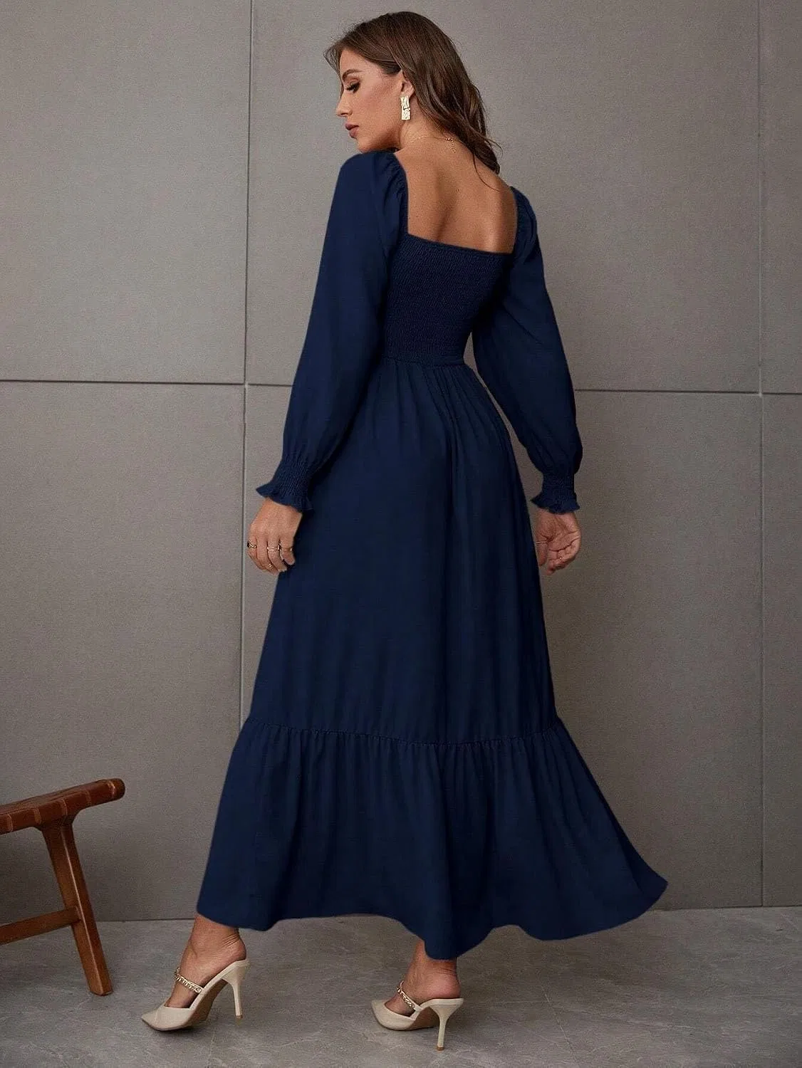 Женское платье с квадратным вырезом и оборками, Navy Blue — фото 2