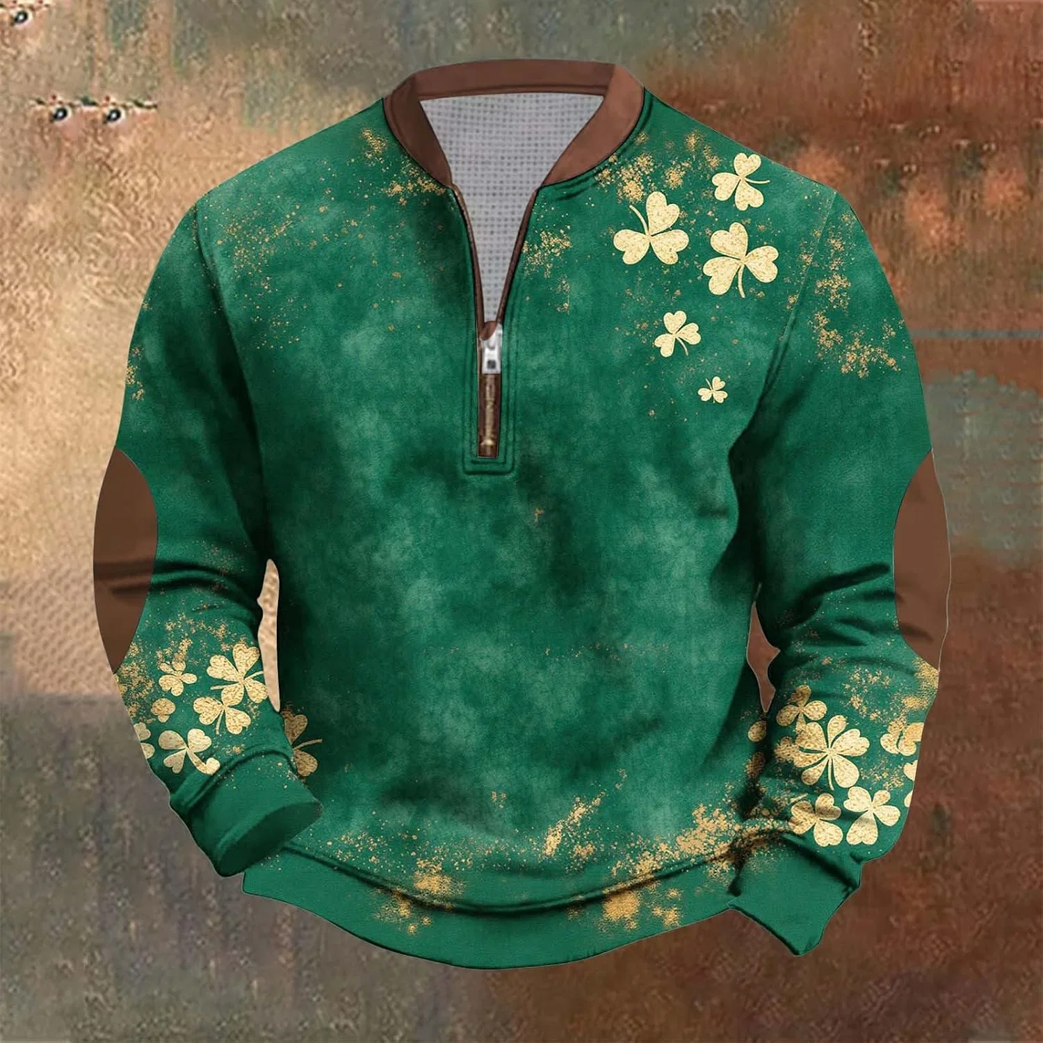 Мужская футболка с принтом клевера Quarter Zip Pullover, Green — фото 2