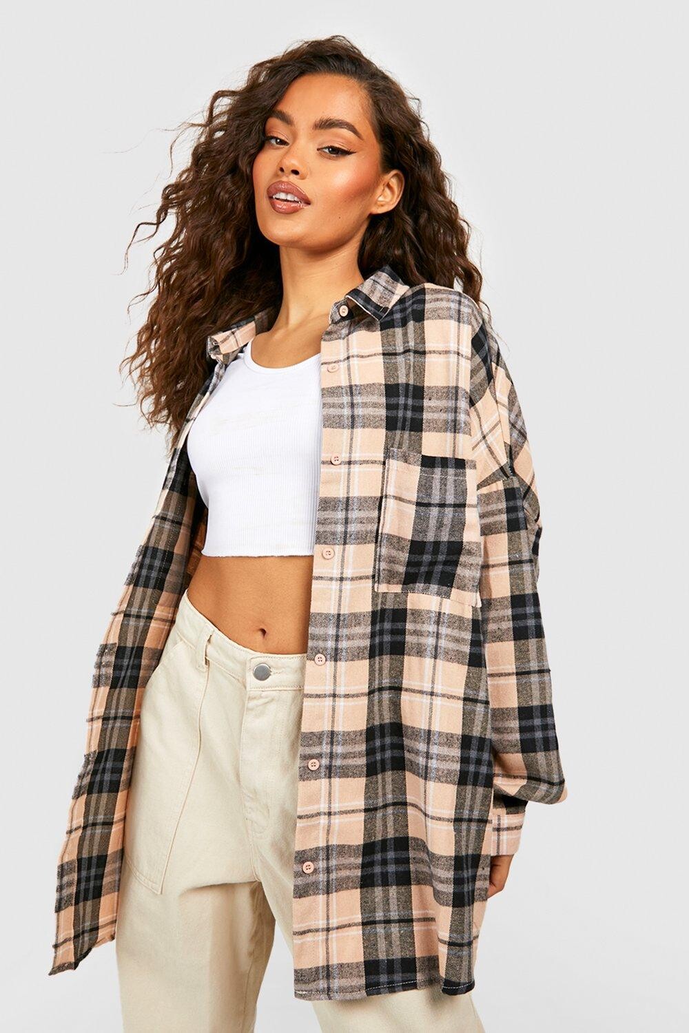 

Коричневая фланелевая рубашка оверсайз Boohoo, серый