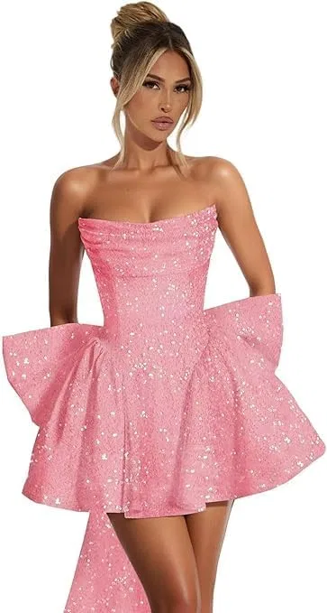 Женское блестящее коктейльное платье с пайетками A-line с бантом, Dusty Pink