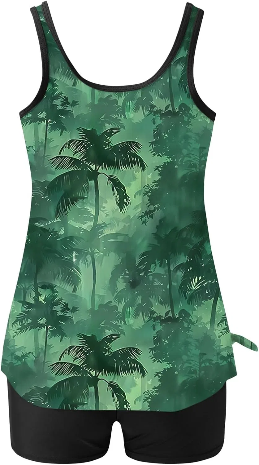 Женский танкини с пальмами для коррекции живота, Green — фото 4