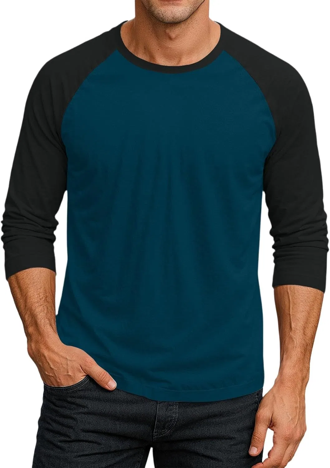 Мужская свободная футболка с блокированным цветом 3/4 рукав, Dark Blue