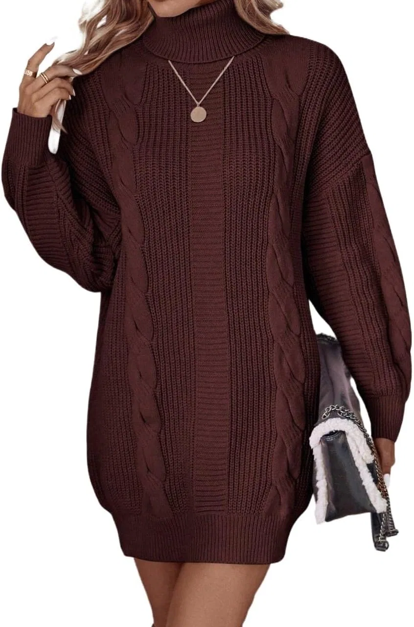 Женское длинное платье с высоким воротом свитер вязки кабель Drop Shoulder, Coffee Brown