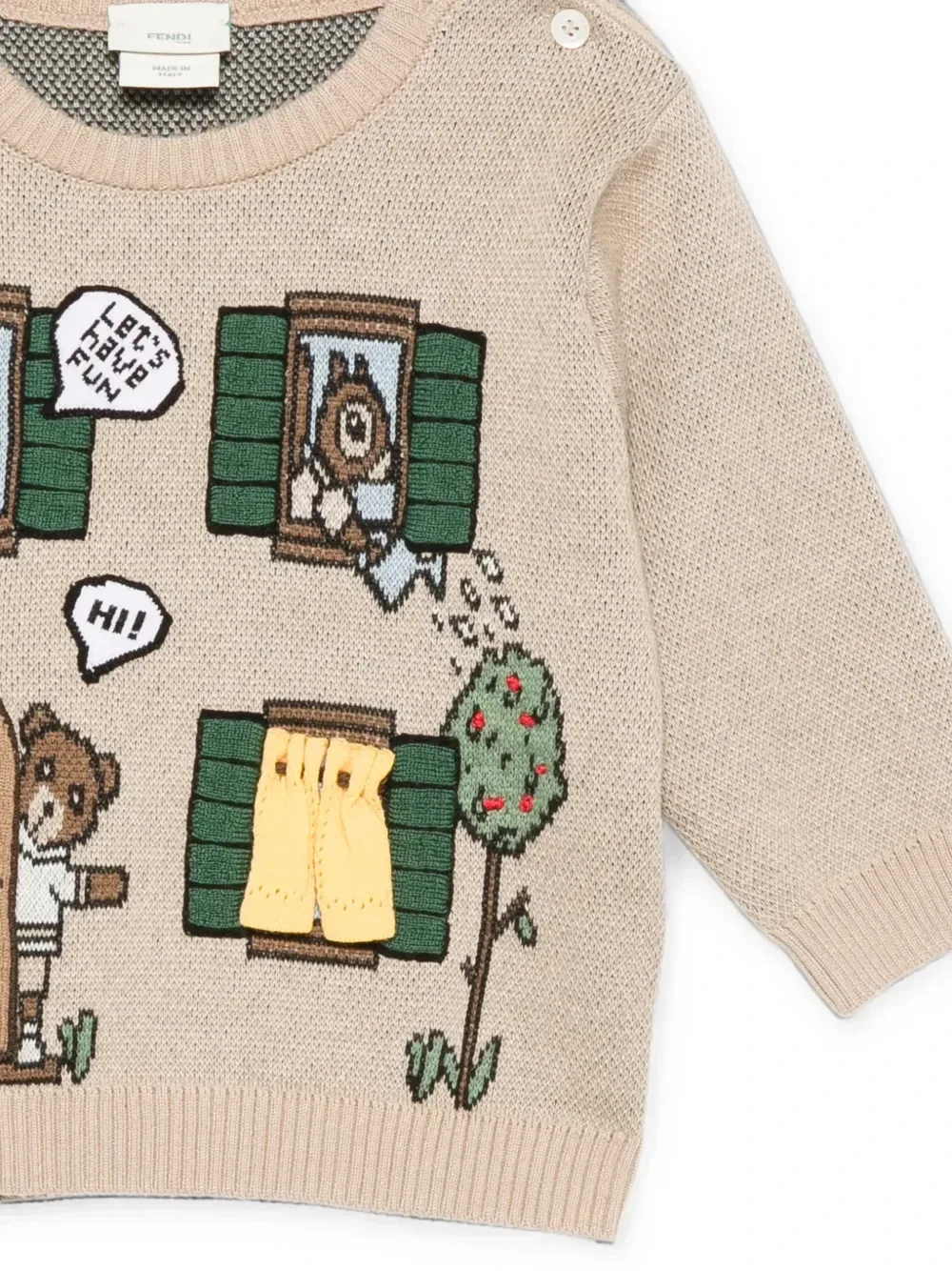 Вязаный свитер с пуговицами с узором интарсия Fendi Kids, бежевый — фото 3