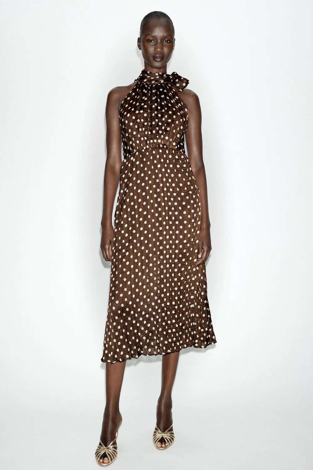 Платье миди в горошек с бантом ZARA, Brown/Ecru