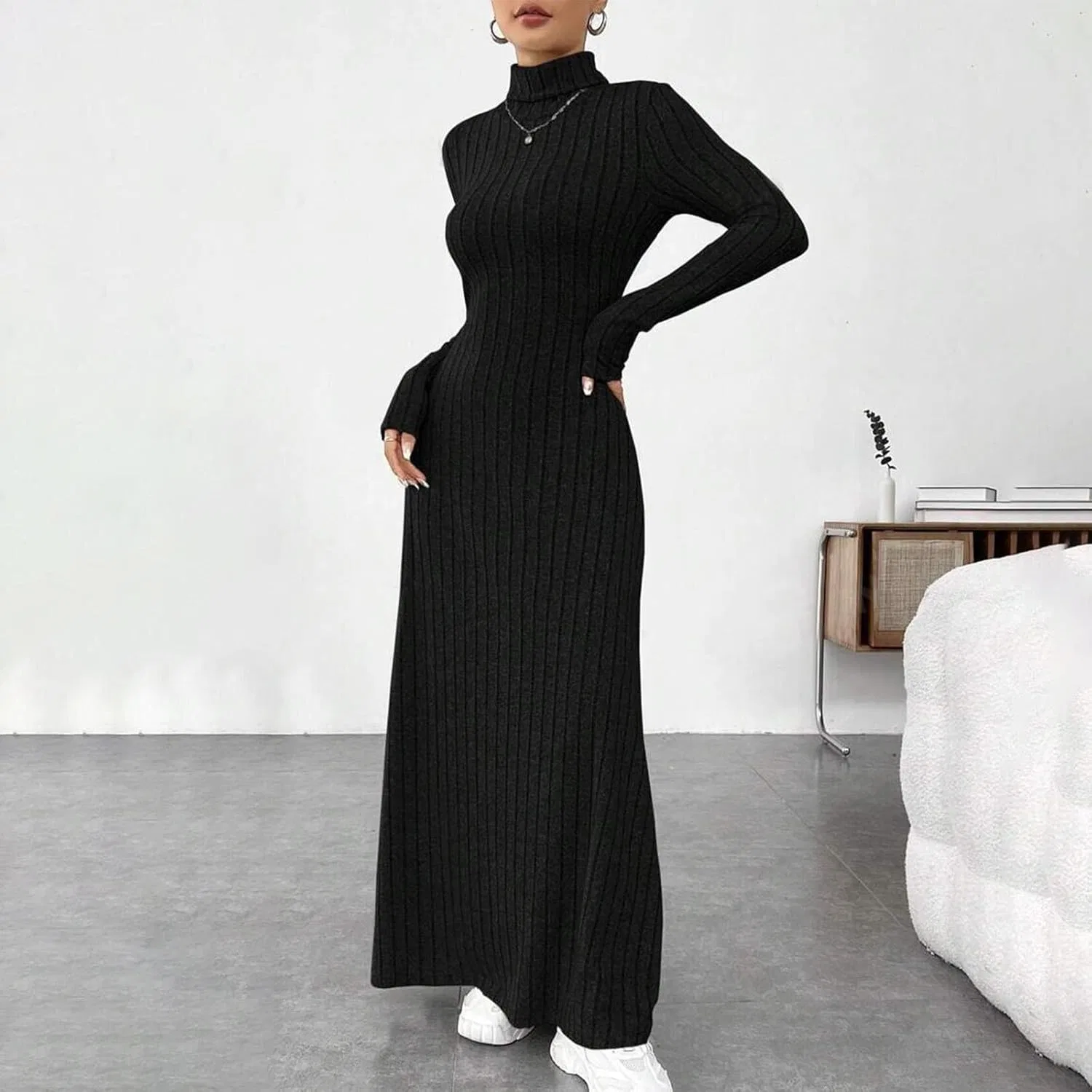 Женское длинное вязаное платье с высоким воротником, Black — фото 3