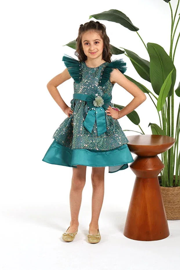 Детское платье для девочек с пайетками Pul sequined ruffle padded appearance sleeve detail girls' evening dress Miss Rain, Green