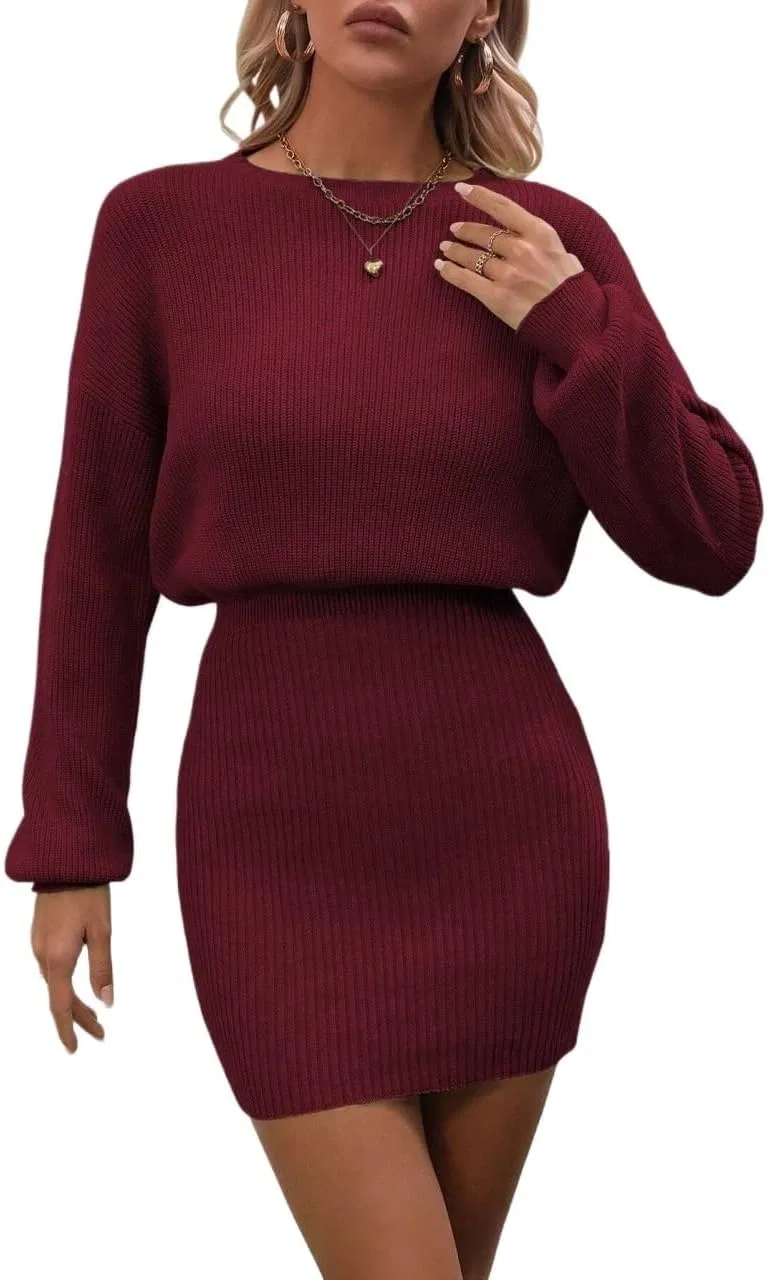 Женское мини-платье свитер с длинным рукавом Drop Shoulder, Burgundy