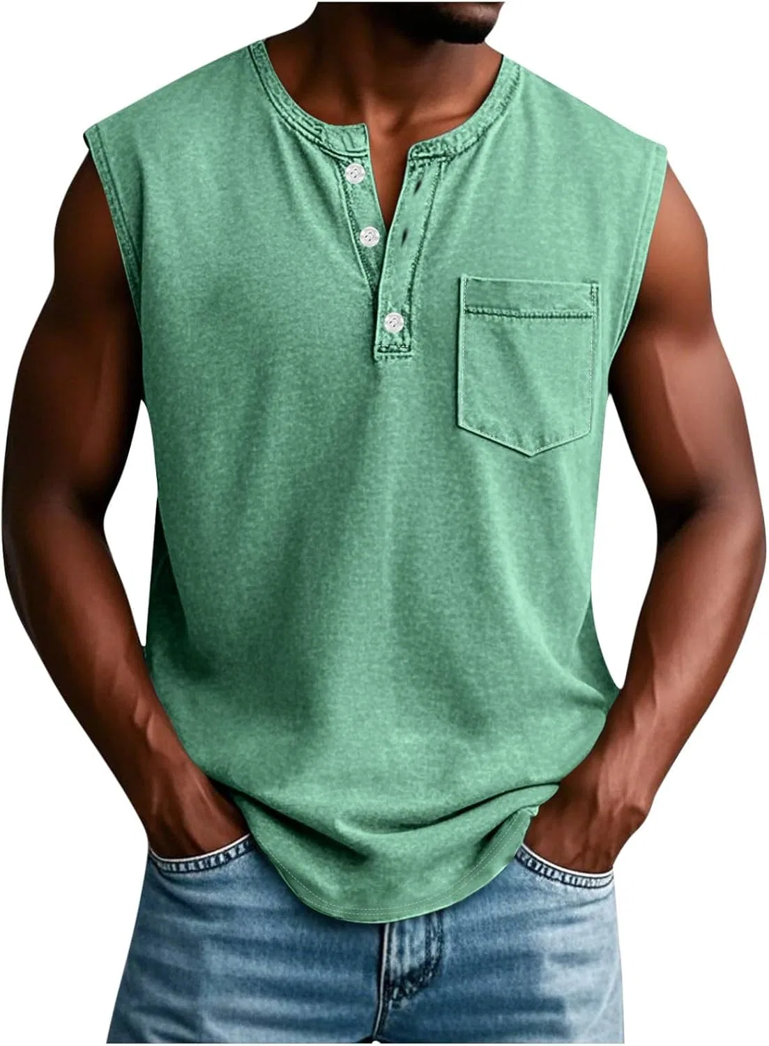 Мужская безрукавка с V-образным вырезом Henley, Mint Green