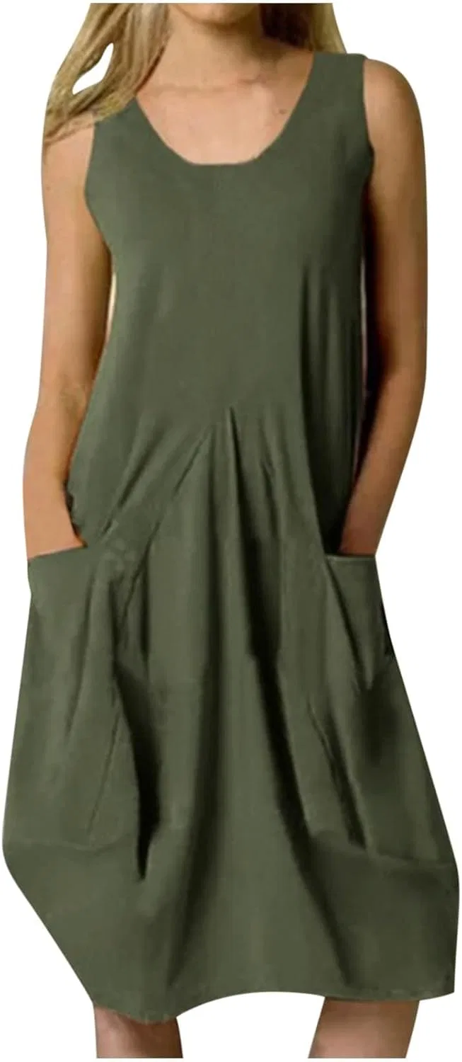 Женское мини-платье без рукавов с карманами, Army Green