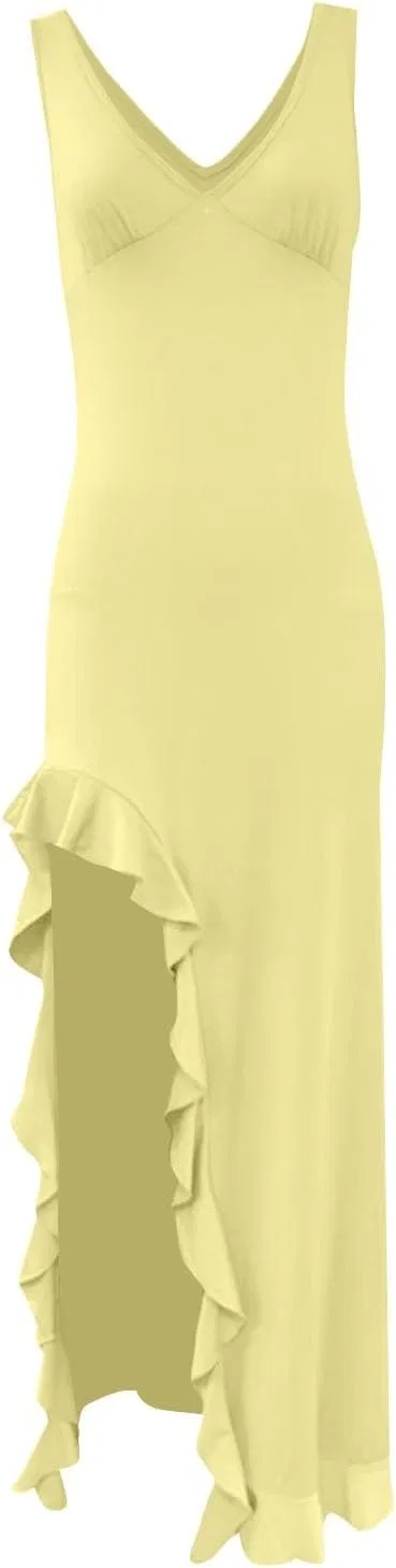 Женское макси-платье с V-образным вырезом и разрезом, Light Yellow — фото 4