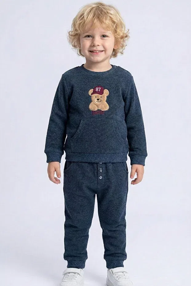 Детский спортивный костюм для мальчиков с принтом Boy'S tracksuit set with cute hat and teddy bear figure embroidery Breeze, Navy Blue Melange