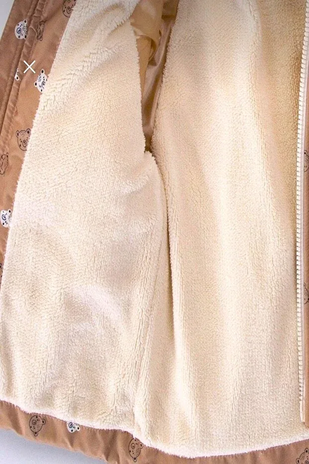 Детское зимнее пальто для девочек с принтом Cute bear printed plush fur inside zippered pocket hooded baby-child winter coat-jacket Dekubaby, Brown — фото 3