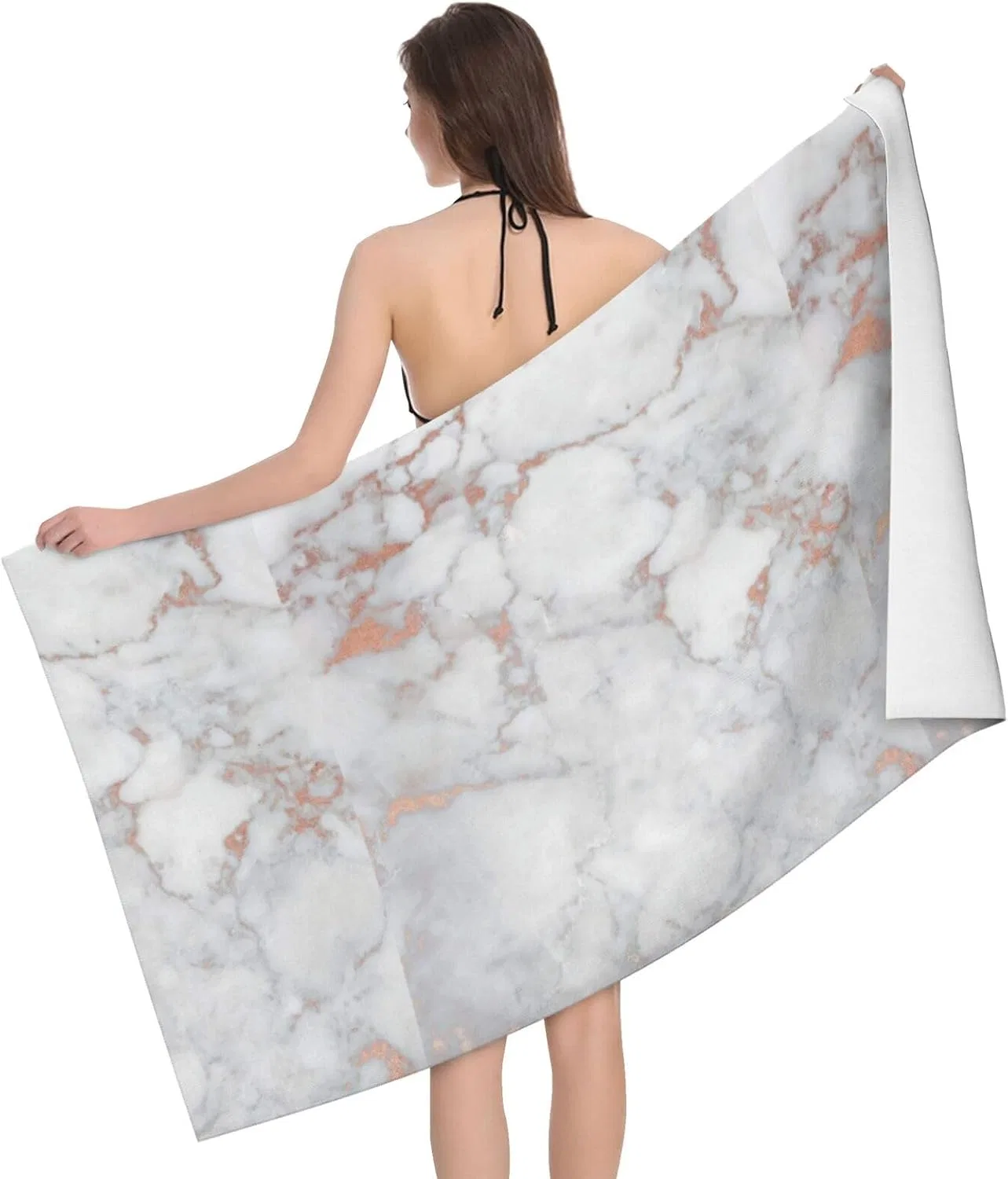 Микрофибровое пляжное полотенце KWQDOZF, 80x130 см, White Marble Rose Gold