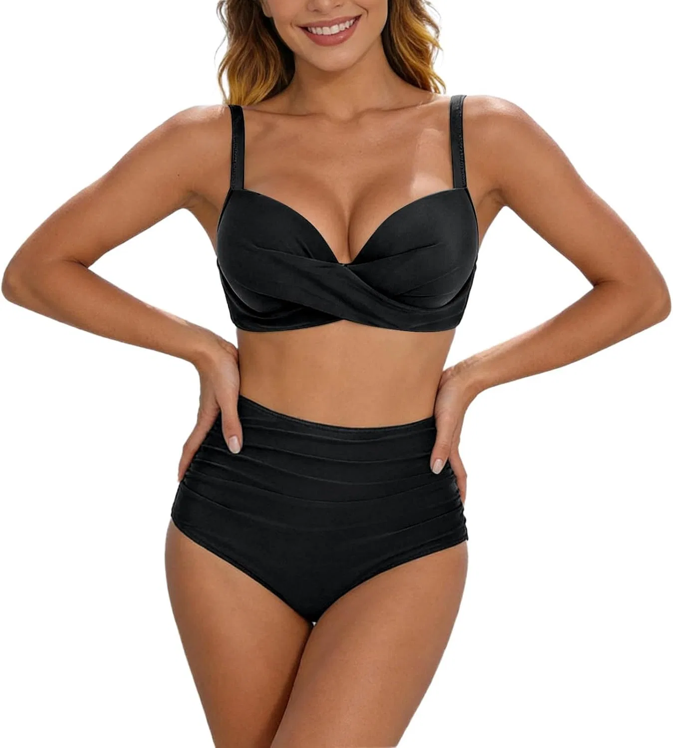Танкини с высокой талией и поддержкой, Solid Color High Waist Bikini Set, Black