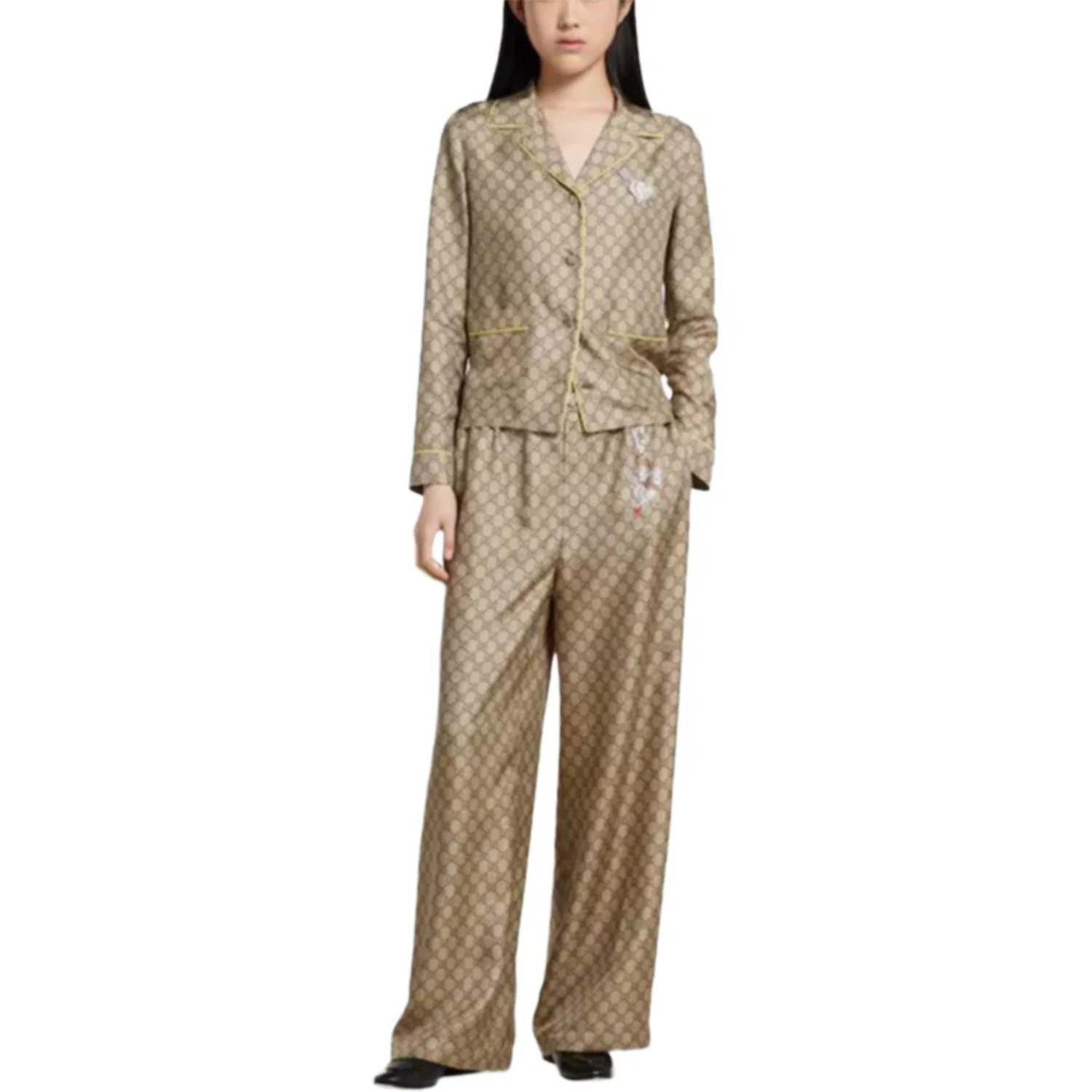 Женская рубашка из шелкового твила с принтом Beige Brown GUCCI — фото 3
