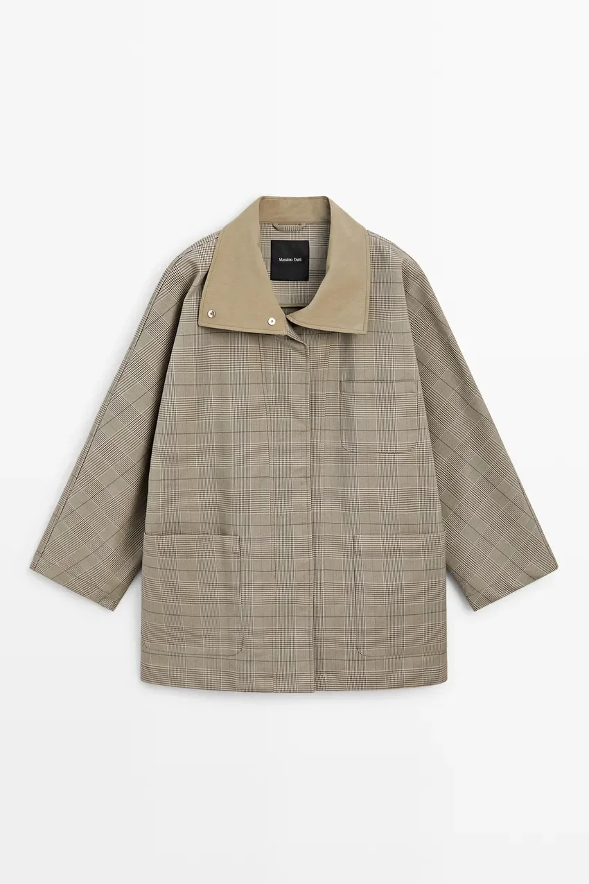 Жакет Massimo Dutti Cotton Blend Plaid High Neck, хаки