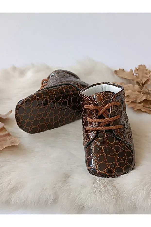 Детские ботиночки для девочек из натуральной кожи Printed brown genuine leather baby booties Hodore, Printed Coffee — фото 3
