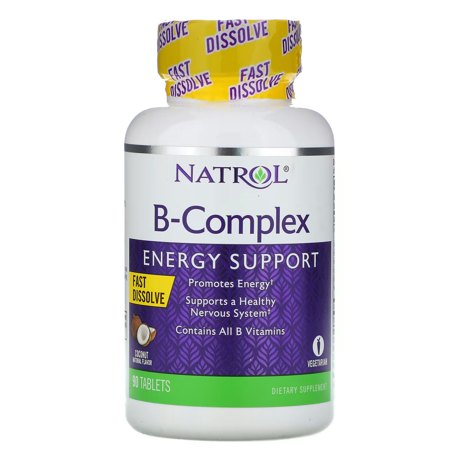 

Natrol, Комплекс витаминов группы B, быстрорастворимые, натуральный кокосовый вкус, 90 таблеток