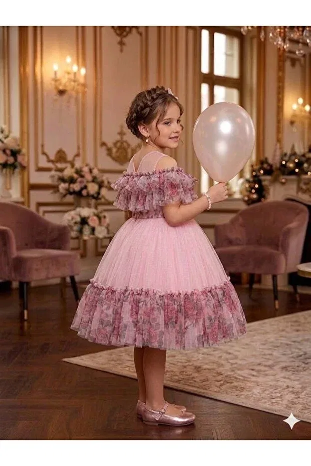 Детское платье для девочек с принтом Rose Printed Ruffle Dress Luiva Kids, Pink