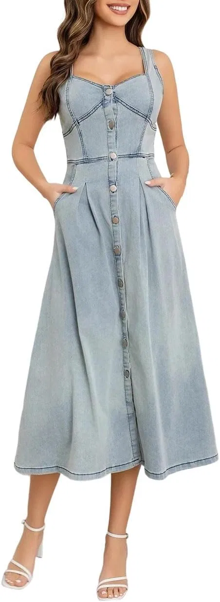 Женское джинсовое платье миди с поясом Vintage Casual, Blue