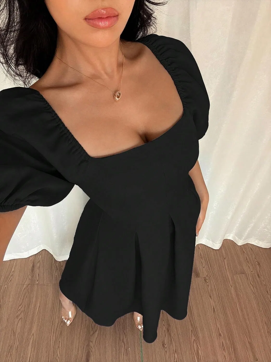 Женское повседневное платье миди с рюшами A-силуэта, Black — фото 2