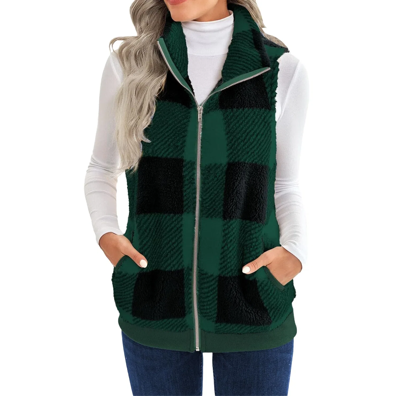 Женский жилет без рукавов с принтом Fluffy Warm Casual Women Fur Plaid Sherpa Jacket Autumn Winter, Verde