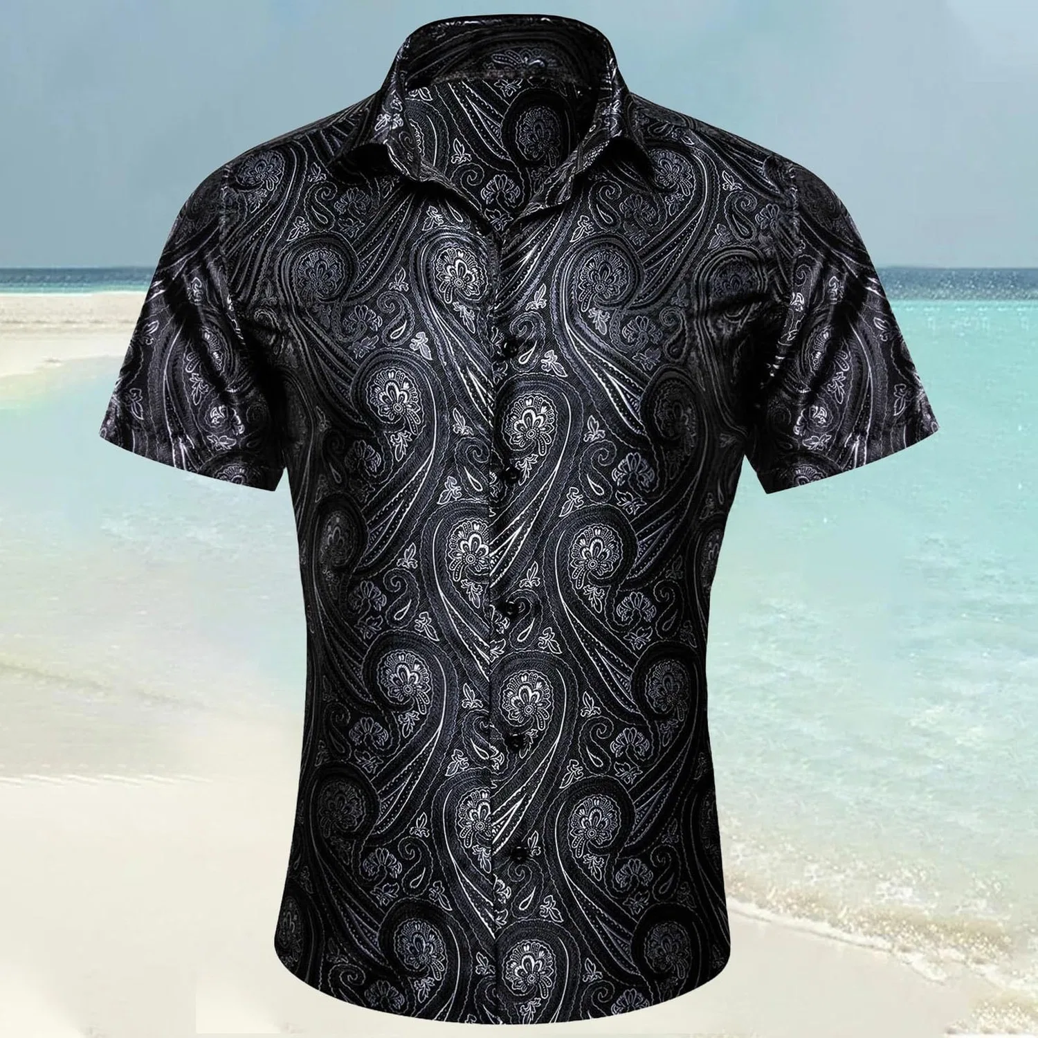 Мужская рубашка с коротким рукавом с принтом Paisley Shiny Satin Baroque Design, Black — фото 2