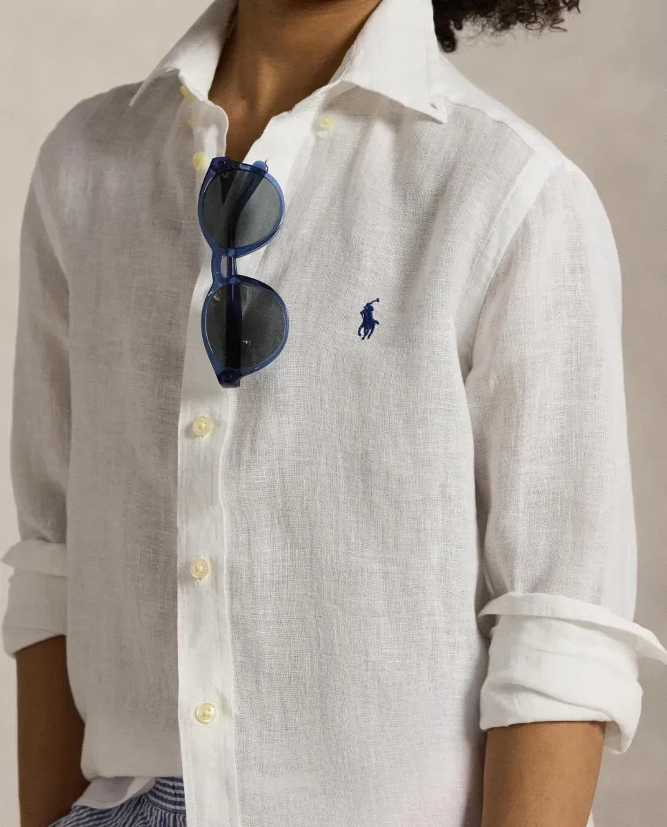 Детская рубашка для мальчиков льняная с вышивкой лошади Polo Ralph Lauren, Blanco — фото 3