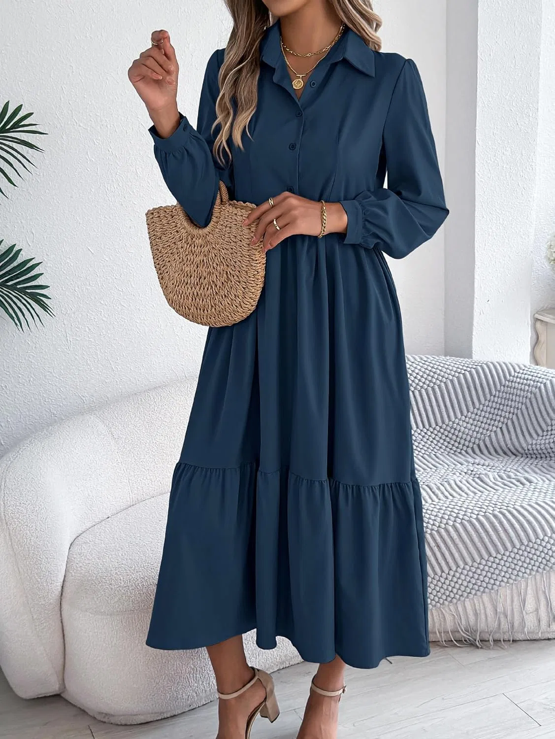 Женское платье-макси с запахом, пуговицами, длинным рукавом, Navy Blue — фото 2